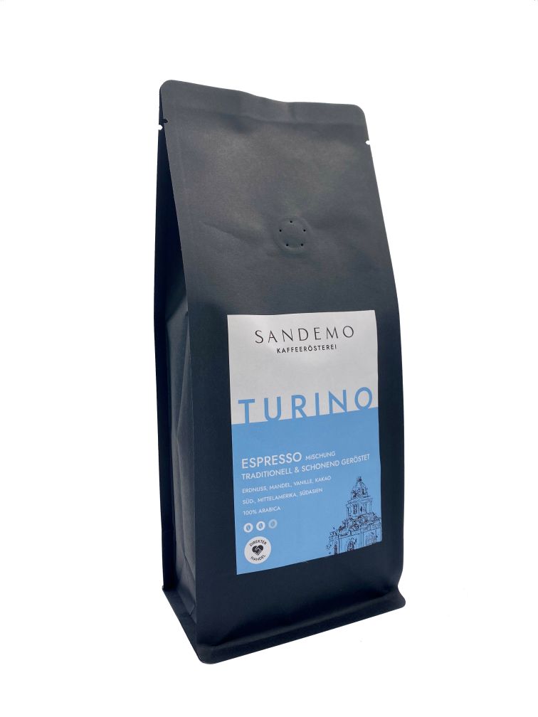 Espresso Turino, weiß-blaues Etikett, Basilica di Superga-Zeichnung im Hintergrund