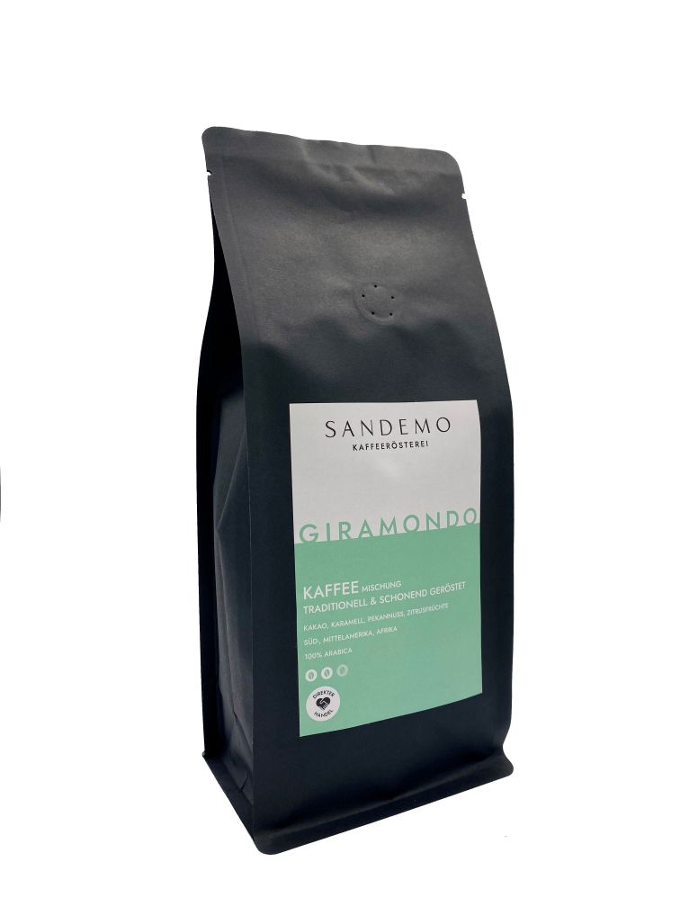 Kaffee Giramondo, Etikett in weiß-türkis.