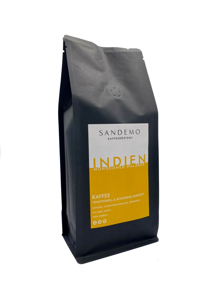 Kaffee Indien Malabar, Etikett in weiß-gelb.