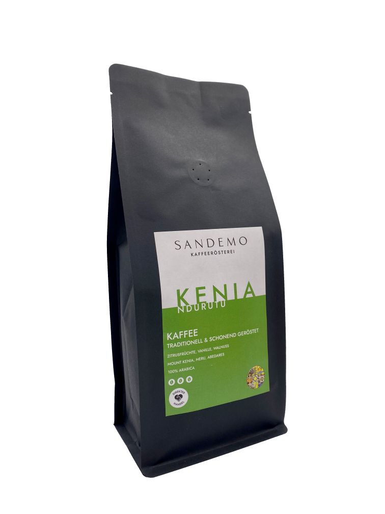 Kaffee Kenia, Etikett in weiß-grün.