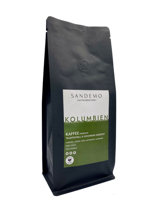Urwaldkaffee Kolumbien, Etikett in weiß-dunkelgrün.