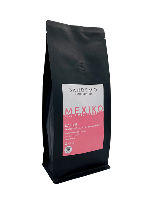 Kaffee Mexiko, Etikett in weiß-hellpink.